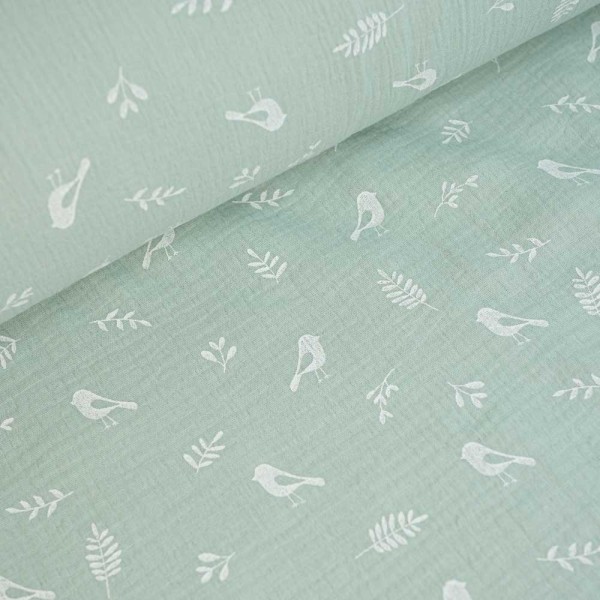 Musselin Double Gauze Vögelchen mint hell