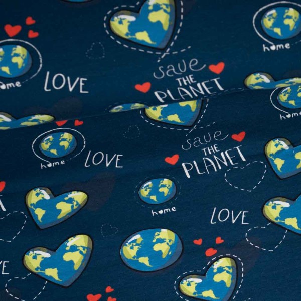 French Terry Sweat Save the planet jeansblau