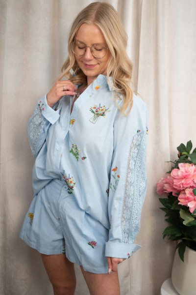 Baumwollbluse Stickerei Flowers jeansblau