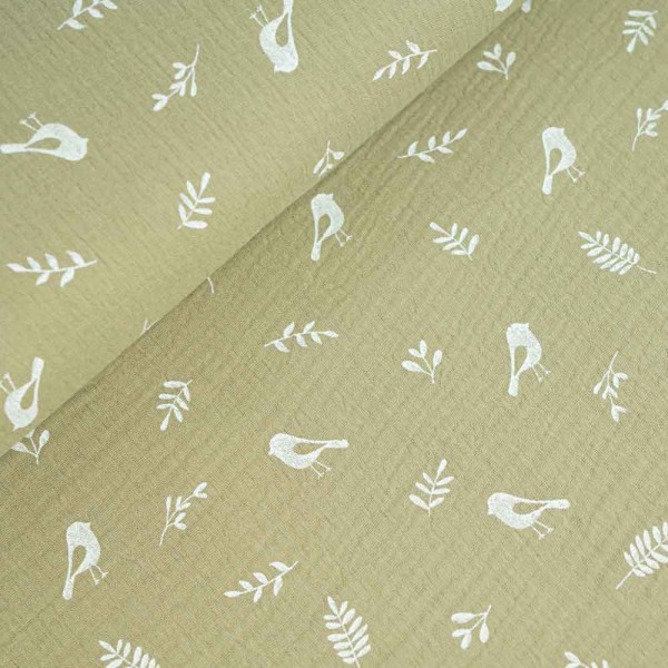 Musselin Double Gauze Vögelchen khaki hell