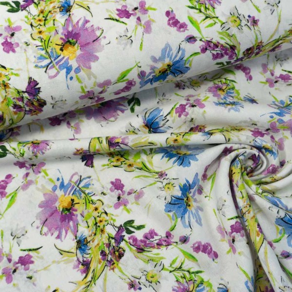 Viskose Leinenoptik Blütenbouquet beere-mittelblau