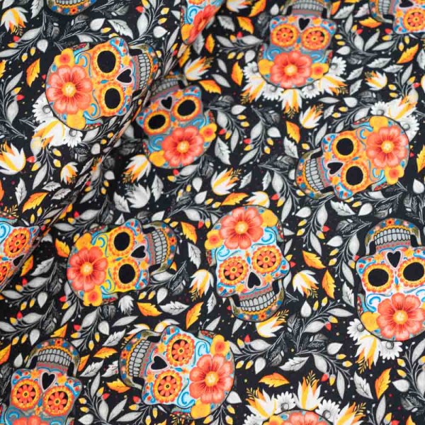 Baumwolljersey Floral Scull schwarz