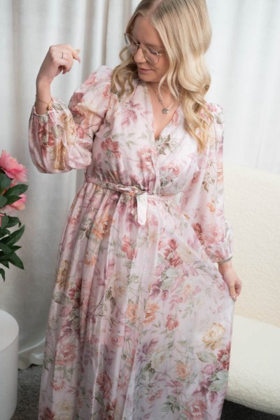 Tencel Maxikleid mit Schlitz Rosen altrosa