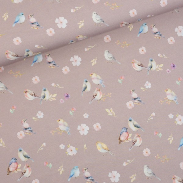 Baumwolljersey Digital Vögel Und Blüten altrosa