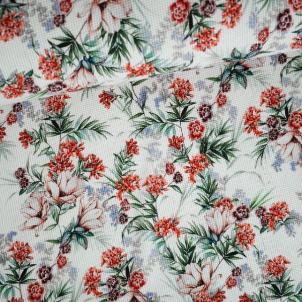 Waffeljersey Blumen weiß