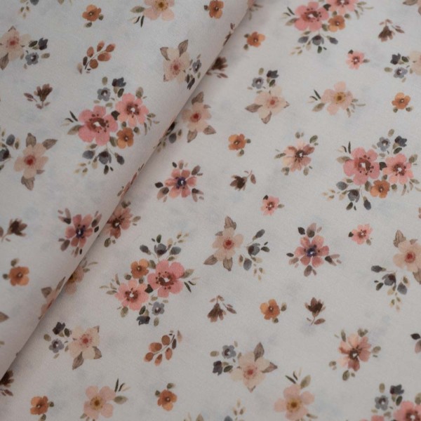 Baumwoll Popeline Blümchen Bouquet hellbeige