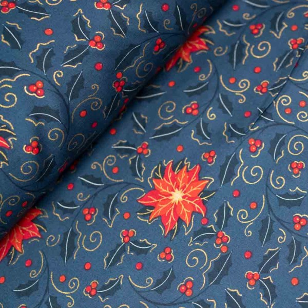 Baumwollwebware Weihnachtsblume navy