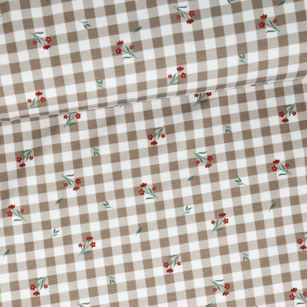 Baumwolljersey Florales Karo weiß-taupe