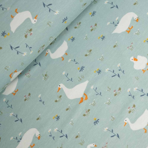 Baumwolljersey kleine Gänse dusty mint
