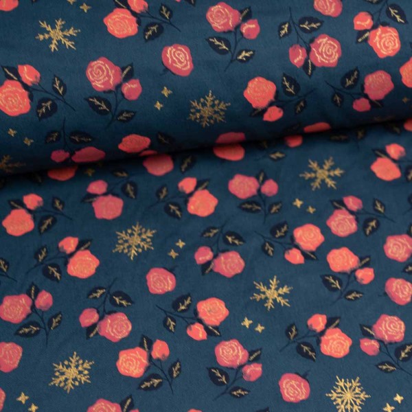 Baumwollwebware Rosen navy
