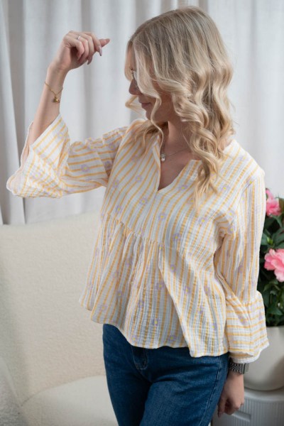 Musselin Bluse Stripes & Flowers gelb