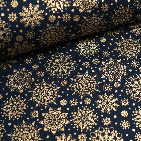 Baumwollwebware Glam Schneeflocken dark navy