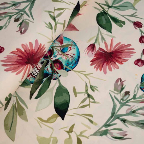 Baumwolljersey Totenkopf & Blumen vanille