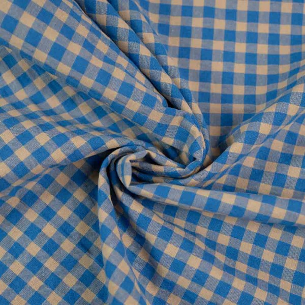 Seersucker Baumwollstoff Karo royalblau-beige