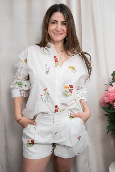 Baumwollbluse Stickerei Flowers creme