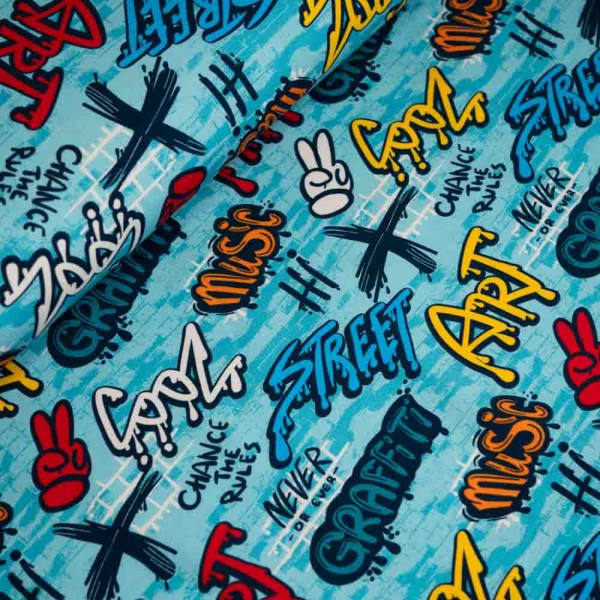 1,30m Zuschnitt Baumwolljersey Cool Graffiti aqua