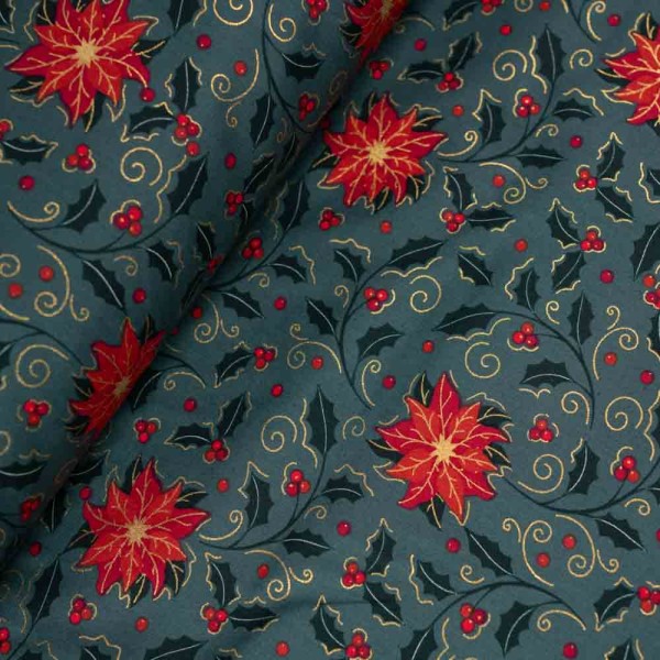 Baumwollwebware Weihnachtsblume dusty mint dunkel