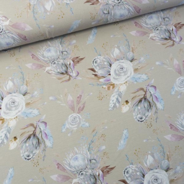 Viskosejersey Chrysanthemen beige
