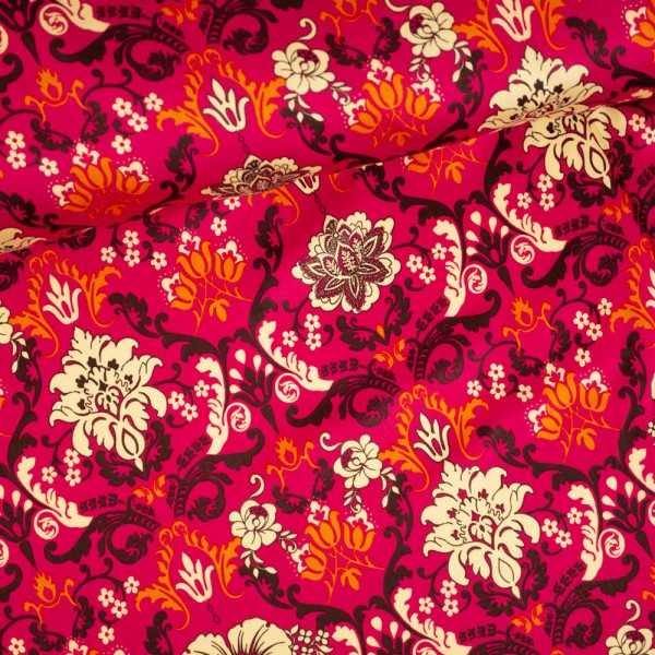 Viskosesatin Ornamente und Blumen pink