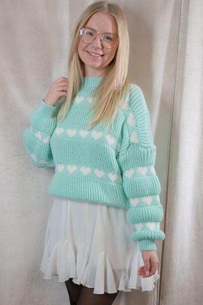 Heavy Strick Pullover Full of Hearts mint
