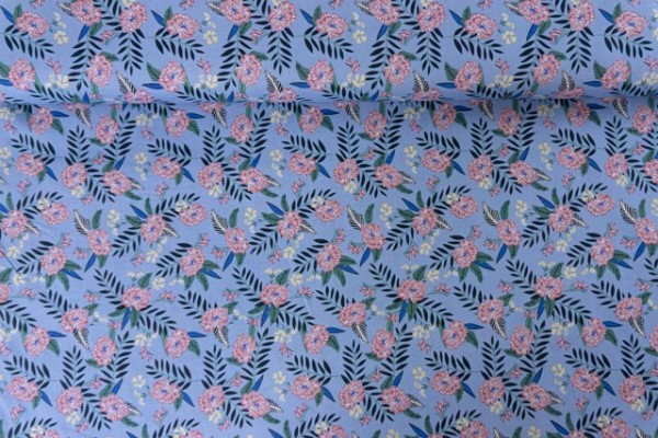 Baumwollwebware Gezeichnete Blumen jeansblau