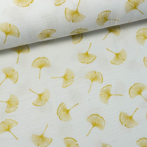 Musselin Double Gauze Ginkgo Blätter weiß