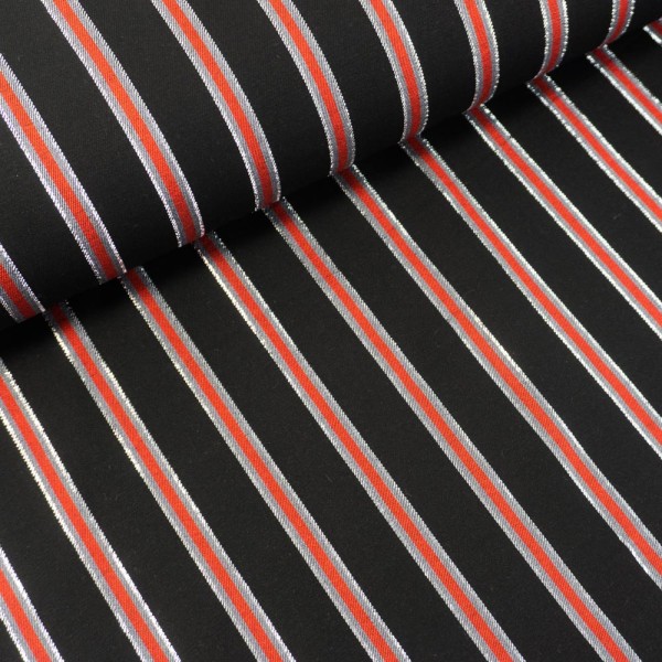 Viskosetwill Längsgestreift Glam silver schwarz-rot