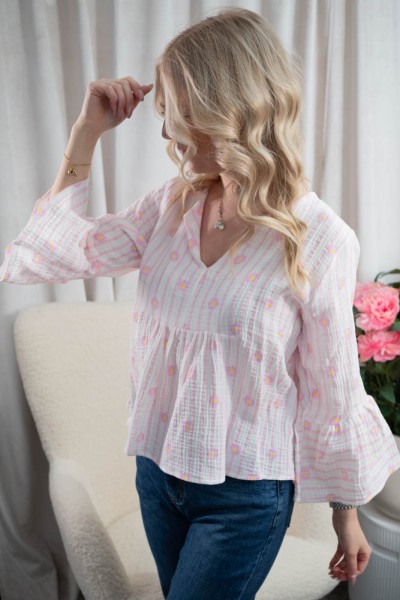 Musselin Bluse Stripes & Flowers rosa