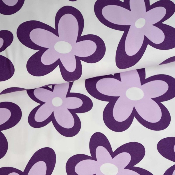 Baumwolljersey lila Blümchen ecru