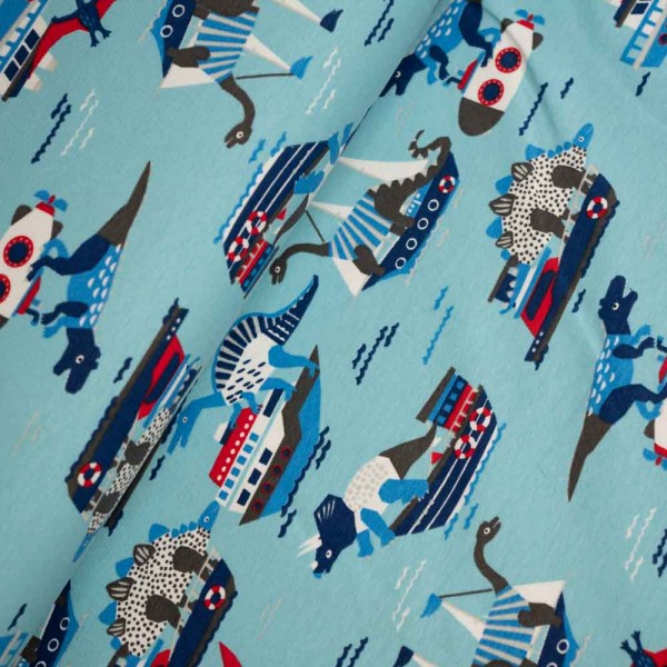 Baumwolljersey Dinos und Boote türkis