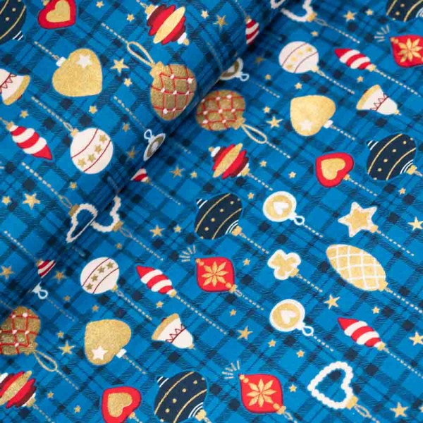 Baumwollwebware Glam X-Mas Karo blau