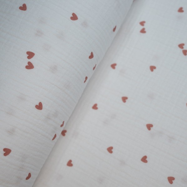 Musselin Double Gauze Herzen weiß-altrosa