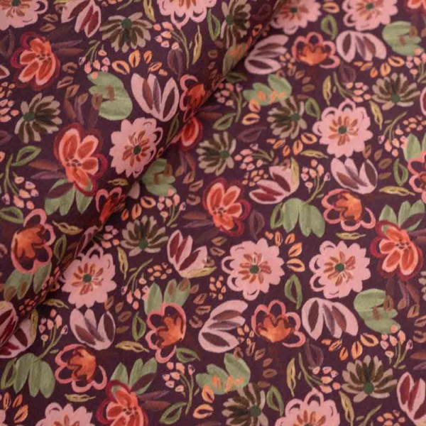 Baumwolljersey Flower Love bordeaux
