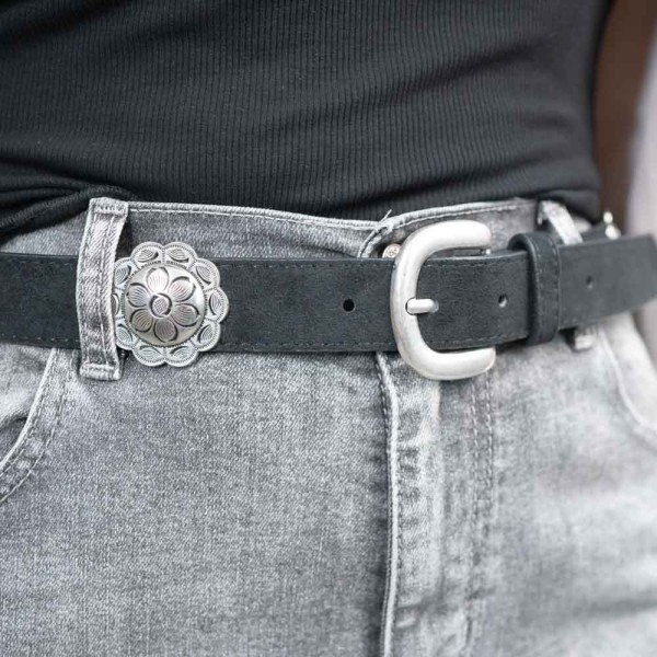Wildledergürtel Blume 100% Echtleder schwarz silber