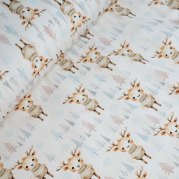 Baumwolljersey Snowy Reindeer weiß