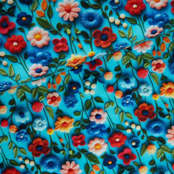 Baumwolljersey Blumen gehäkelt türkis