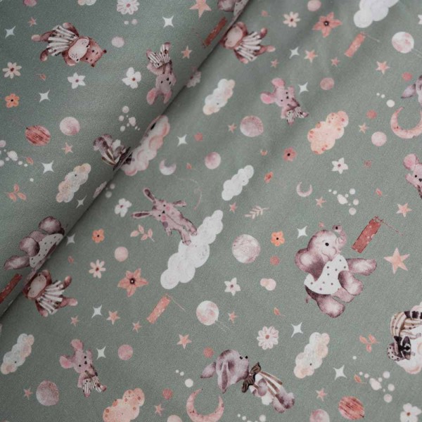 Baumwolljersey süße Tierchen salbei