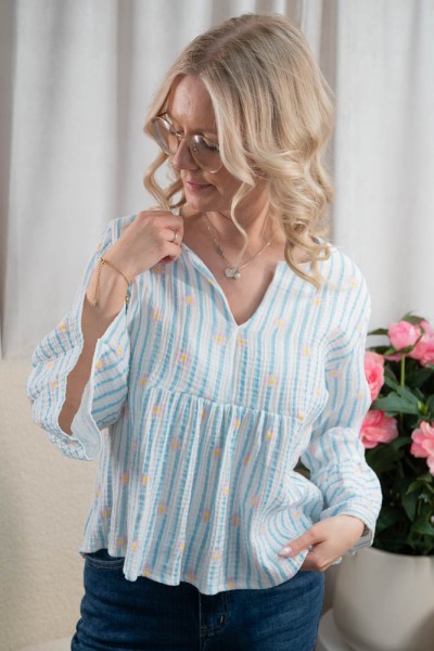 Musselin Bluse Stripes & Flowers aqua