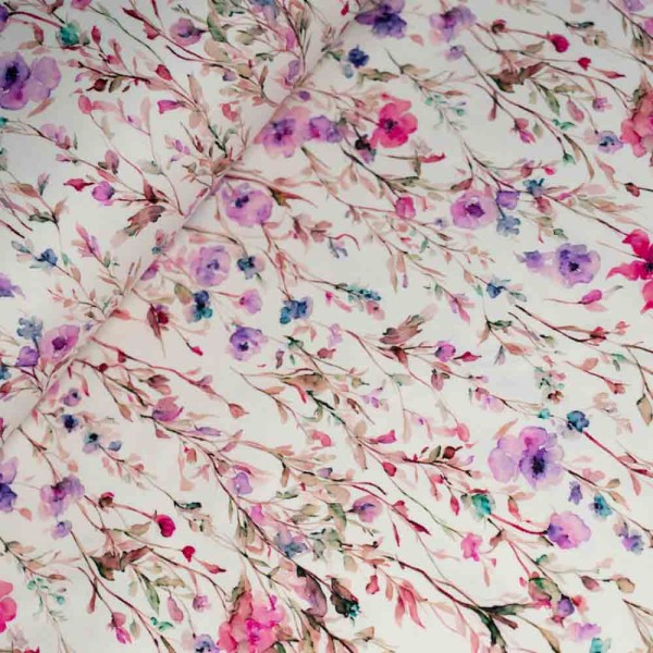 Baumwolltwill Stretch Aquarellblümchen Zweige pink