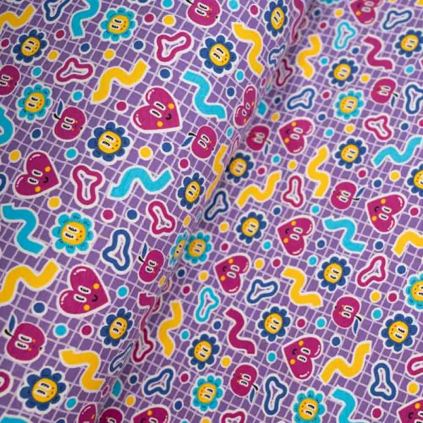 Baumwolljersey Retro Herz & Blume beere