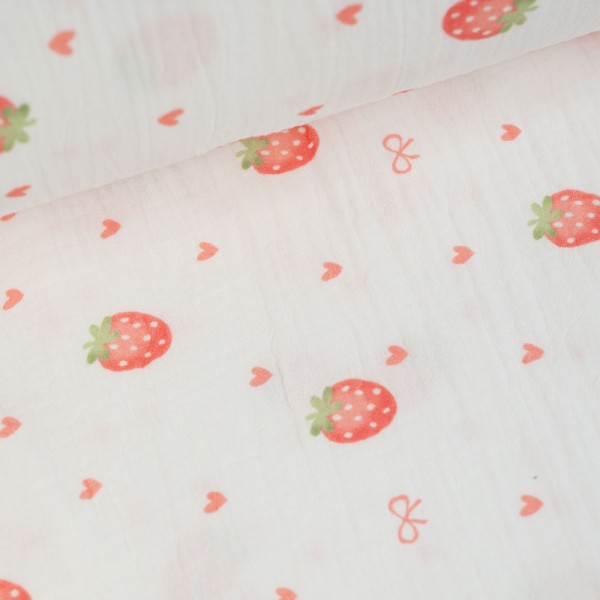 Musselin Double Gauze 250cm Überbreite Erdbeeren weiß