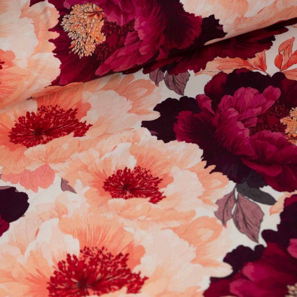 Baumwolljersey Pfingstrosen bordeaux