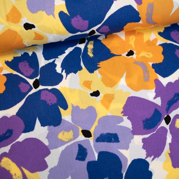Viskosewebware Crinkle Große Blumen gelb-blau-orange