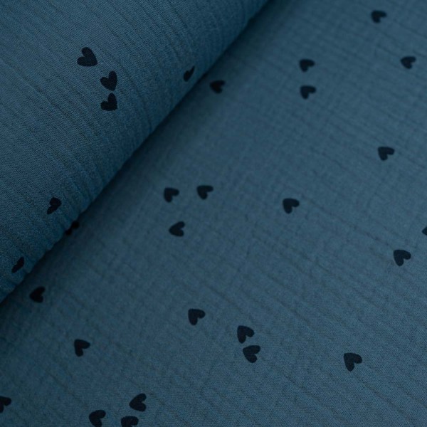 Musselin Double Gauze Herzen jeansblau-navy