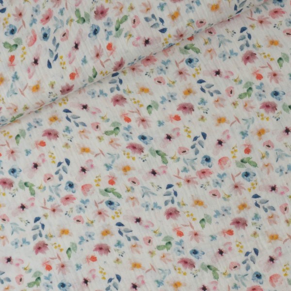Musselin Double Gauze Blumen jeansblau rosa