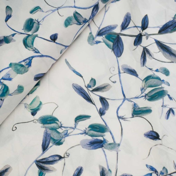 Baumwoll Popeline Stretch Blätterzweige blau