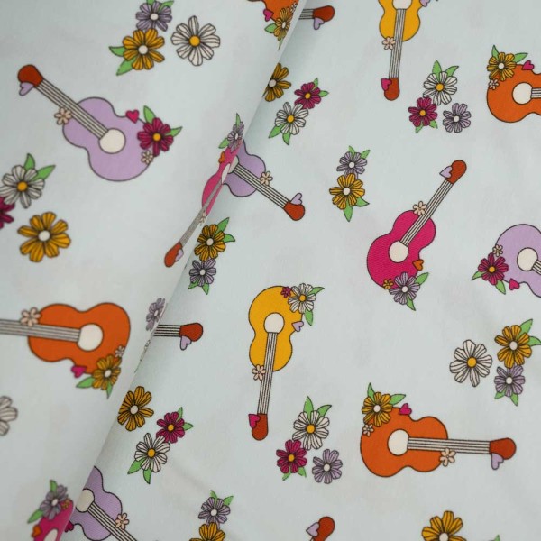 Baumwolljersey Gitarre & Blumen hellblau