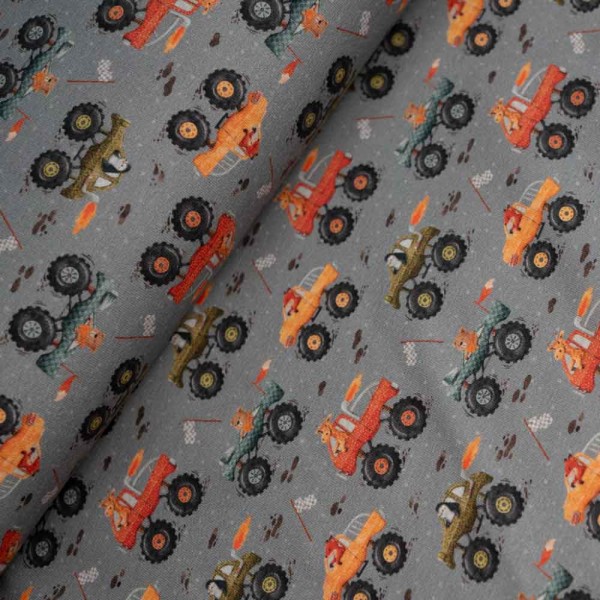 Baumwolljersey kleine Monstertrucks grau